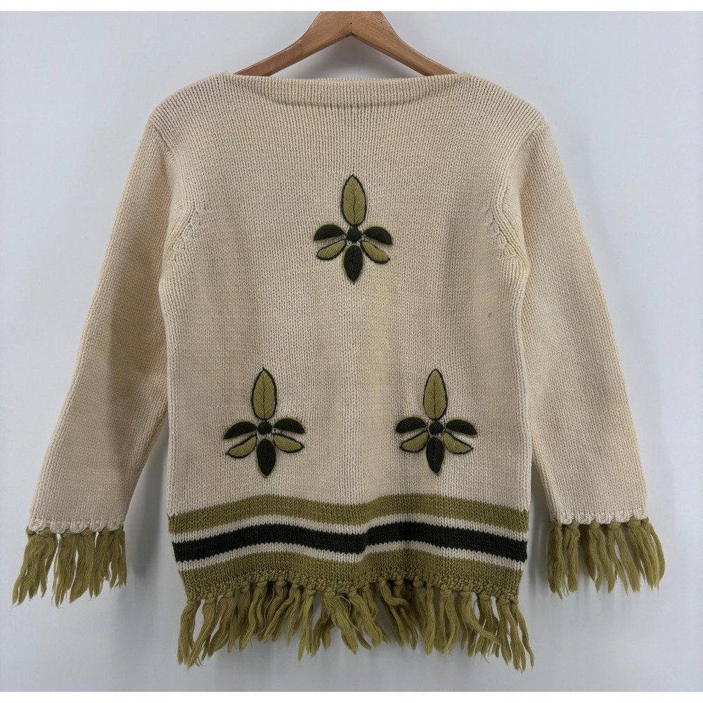 Elliot Import Sweater Womens L Cream Green Striped Fringe Embroidered Wool VTG